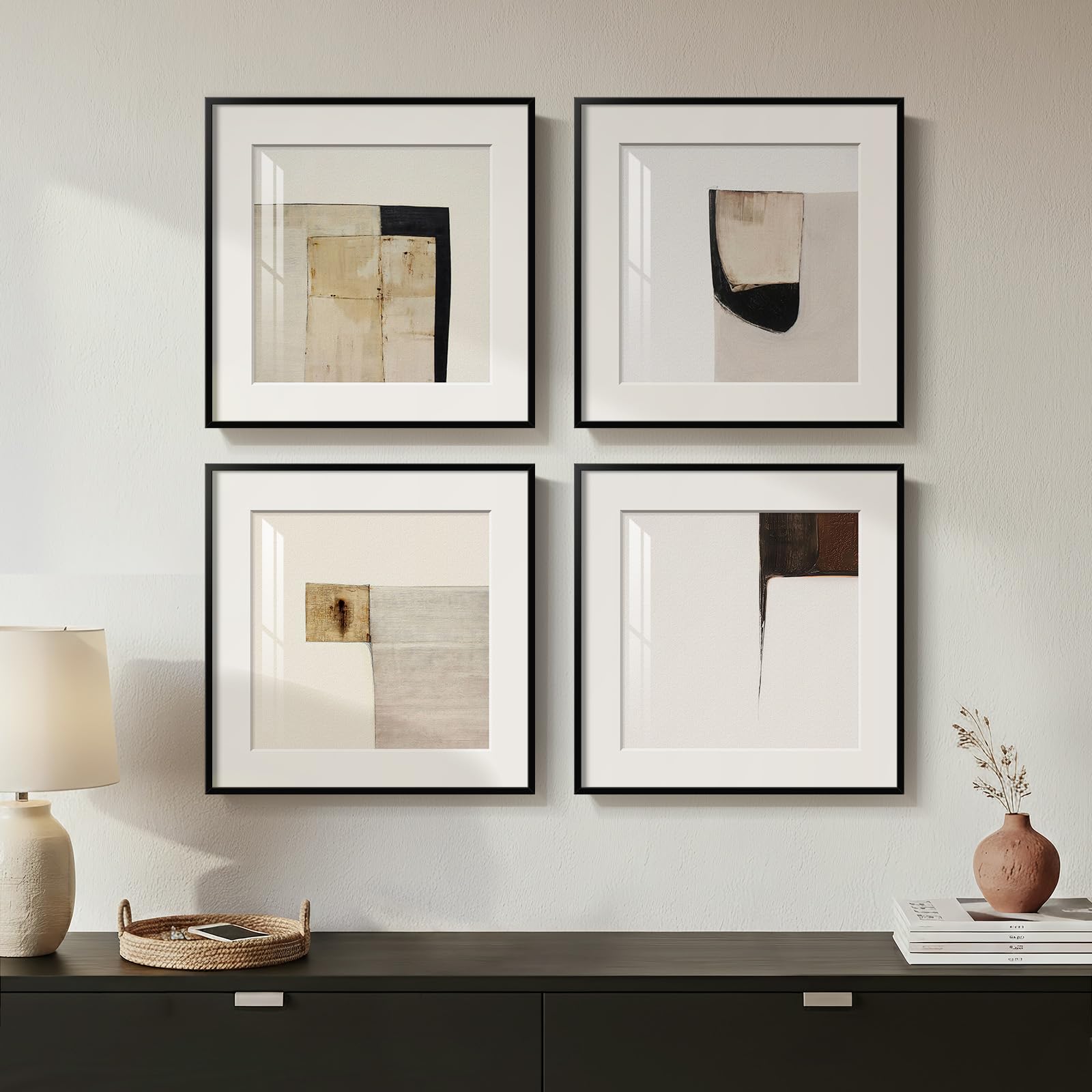 Photo 1 of 4 Piece Framed Neutral Abstract Wall Art Set, Tan and Black Geometric Modern Pictures Prints, Minimalist Luxury Paintings Artwork for Bedroom, Bathroom, Hallway and Living Room 12x12 Inch