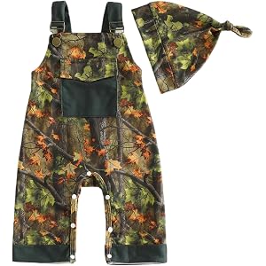 RSRZRCJ Newborn Baby Boy Clothes Hunting Outfit Jungle Maple Leaves Pocket Suspender Pants Bib Overalls Romper Hat Set