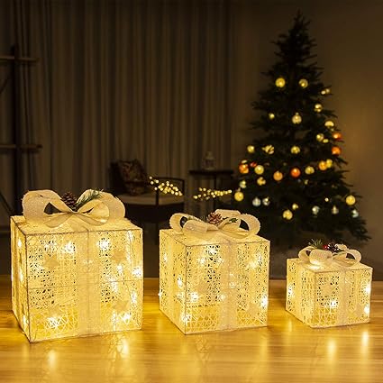Gigalumi Boite Cadeaux Lumineuse De Noel Avec Noeud 3 Boites Blanc Decorations Cadeaux Avec 48 Led Pour Interieur Et Exterieur Amazon Fr Luminaires Et Eclairage