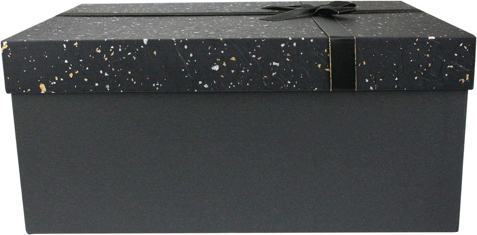 Emartbuy Rigid Gift Box, 33 x 23 x 13.5 cm, Black Box with Black and Gold Silver Lid and Gold Ribbon