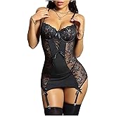 SHENHE Women's Lace Lingerie Lace Up Bustier Slip Dress Nightgown Chemise with Thong and Stockings