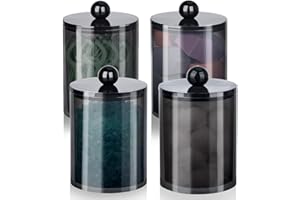 XIPENGKEJI 4 Pack Qtip Holder, Apothecary Jars Cotton Ball Holder Dispenser, Bathroom Jars with Lids Set for Cotton Round, Cotton Swab, 10oz Plastic Canisters Restroom Bedroom Vanity Organizer (Black)