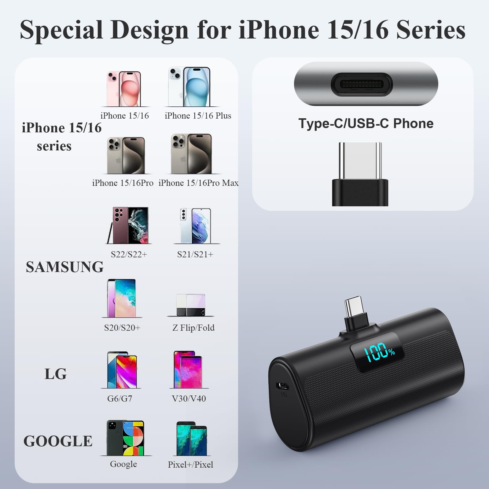 Mini Powerbank 5200mAh, Klein Power Bank USB C PD Externer Akku, Compact LCD Digitalanzeige Akkupack Kompatibel mit iPhone 15/16/17 Serie, Samsung S25/24 Serie, Note, Huawei, iPad-Schwarz 6