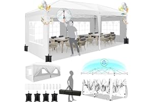 HOTEEL 10x20 Pop Up Canopy with 6 Sidewalls, One-Push Setup Canopy Tent with 8 Windbreak Poles, 10x20 Waterproof Outdoor Canopies for Parties Market Weddings Camping Patios (White)