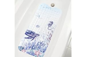 MJIAIDEA Kids Bath Mat for Tub,Extra Comfortable Non Slip Large Bathtub Mat for Baby Toddler,Massage Shower Mat with Suction Cups Drain Holes,Seabed 16"x40"