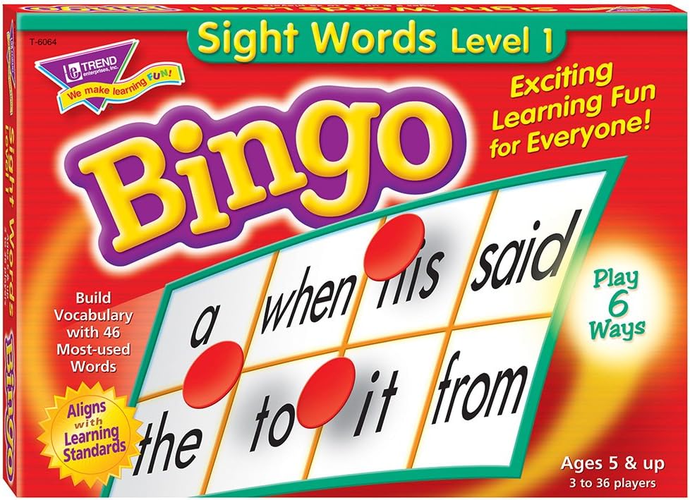 Sight Words Bingo - Language Building Skill Game for Home or Classroom (T6064), Build Vocabulary with 46 Most-Used Words, 3 - 36 players, Age 5 and up, Cover the Spaces Needed to Win & Call Bingo: Toys & Games