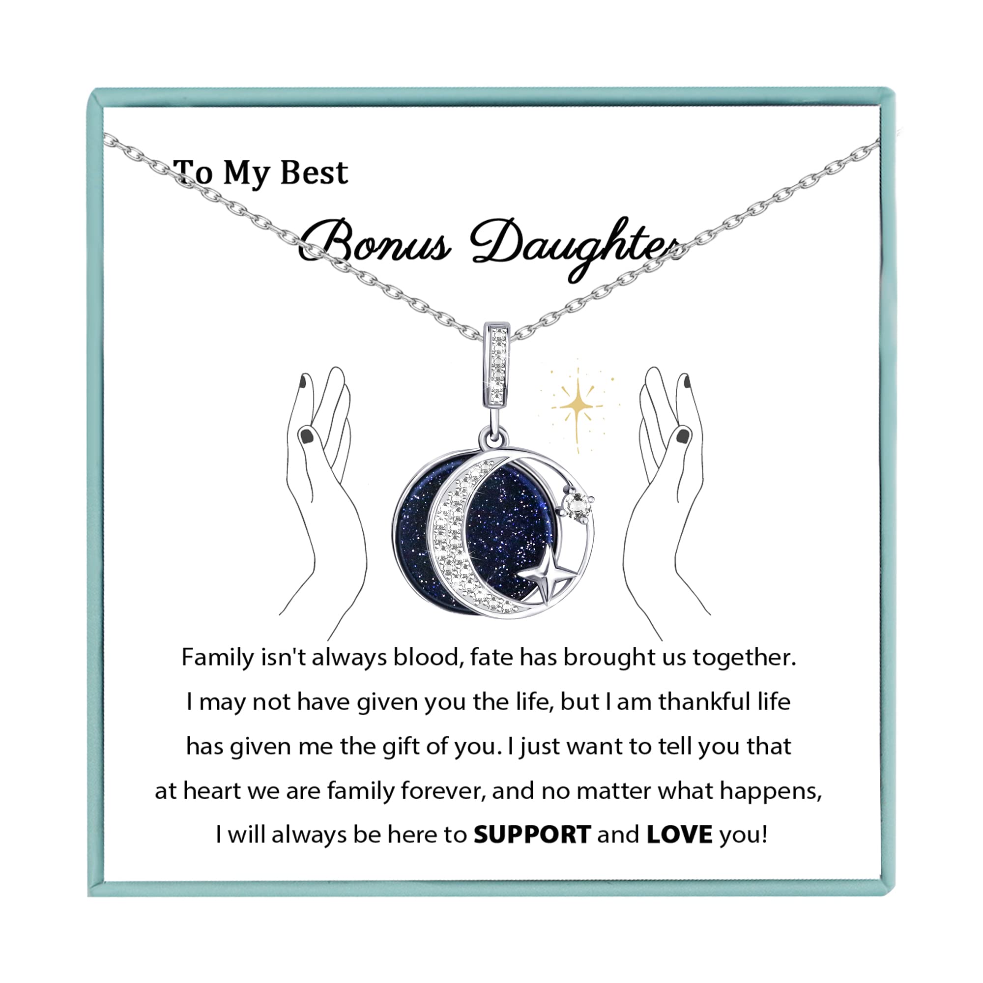 Sereney Christmas Daughter Gifts from Mom, Silver Moon Star Necklace as Bonus Daughter Gifts, Bonus Daughterr Necklaces from Mom, Step Daughterr Present from Stepmom Stepdad Lockets