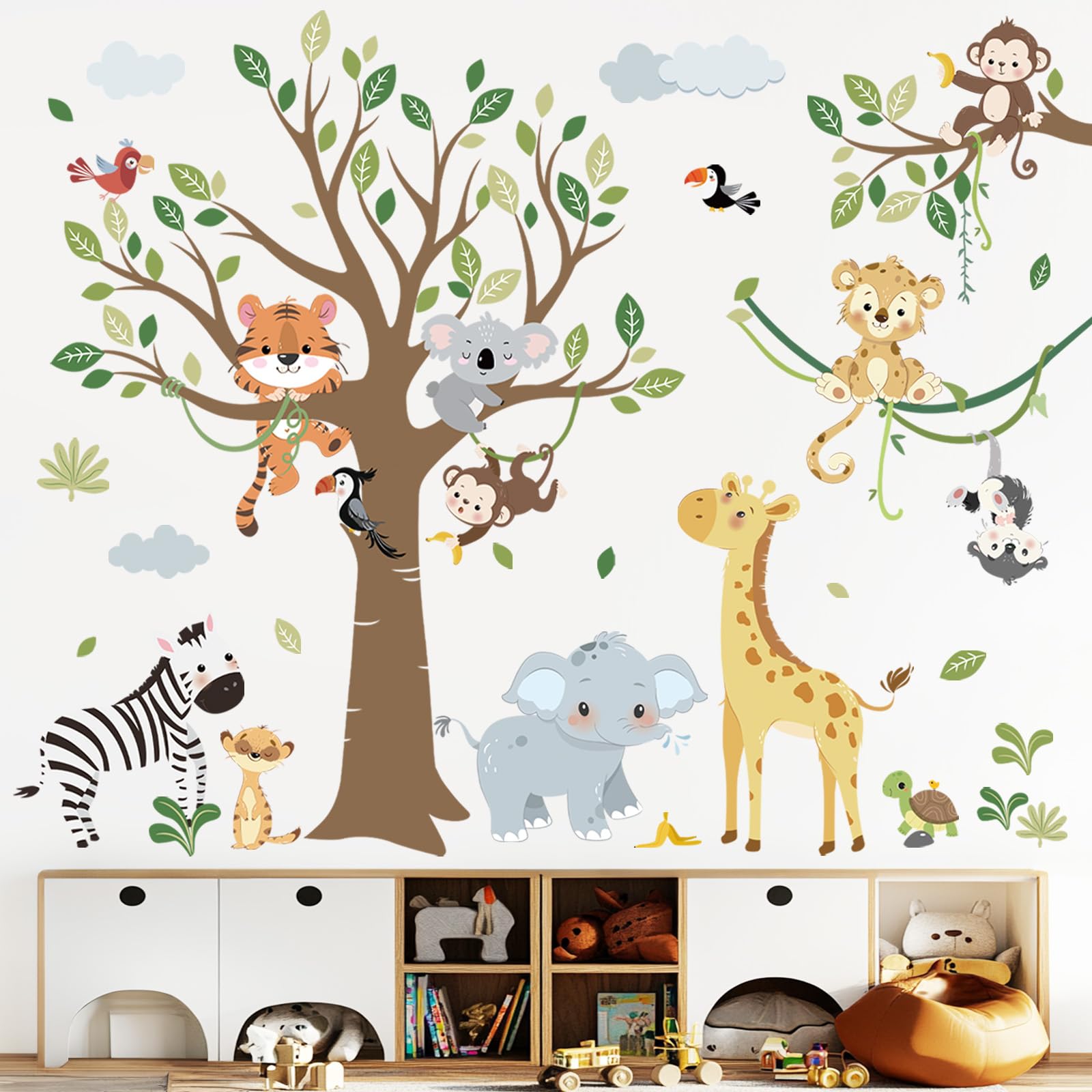 decalmile Large Forest Animal Tree Wall Decals Jungle Elephant Monkey Giraffe Wall Stickers Kids Room Baby Nursery Room Wall Decor