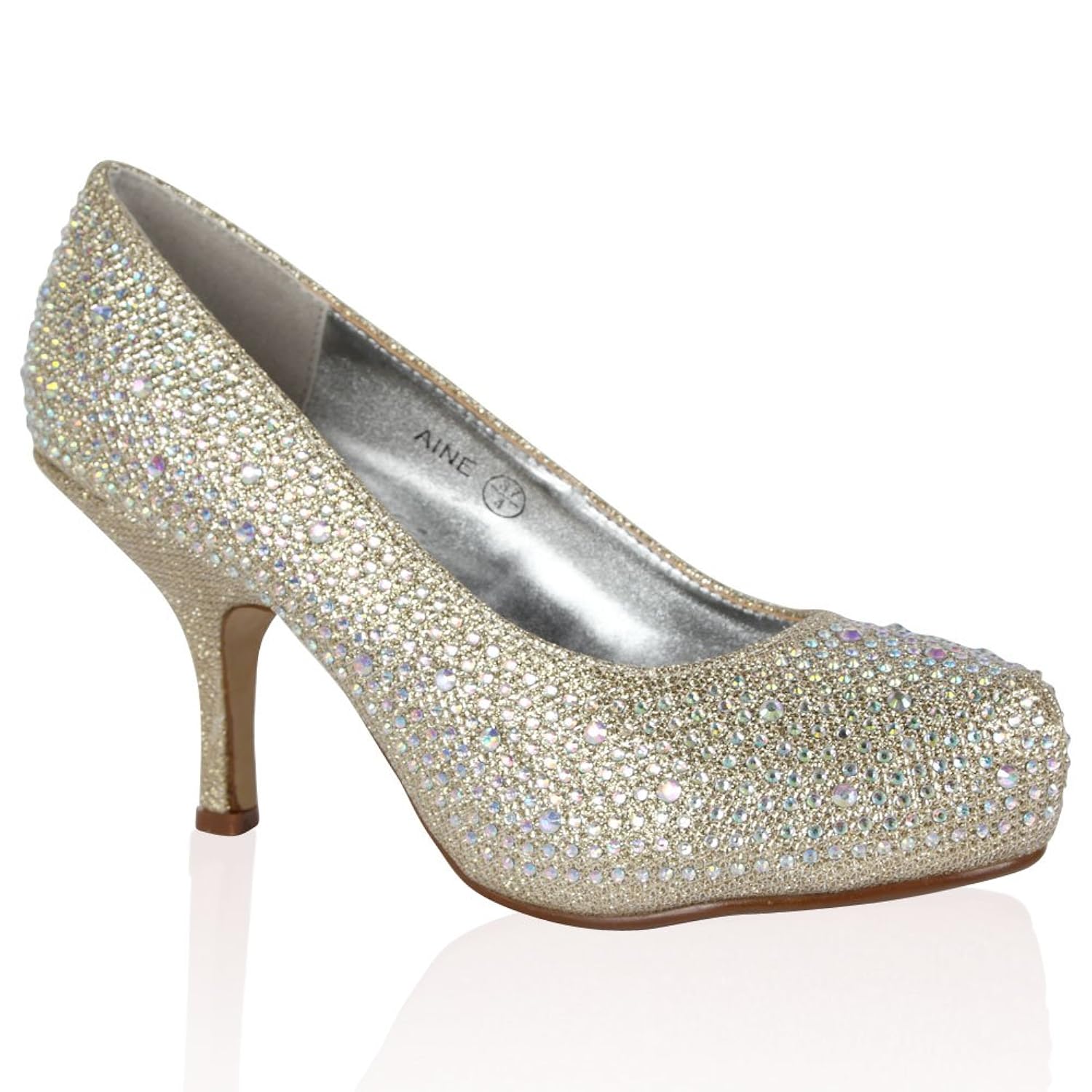 My1stwish Womens Bridal Gold Diamante Glitter Mid Heel