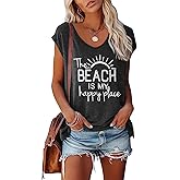 LOOKFACE Women's V-Neck Casual Loose Fit Tees Cap Sleeve Graphic Beach Tops
