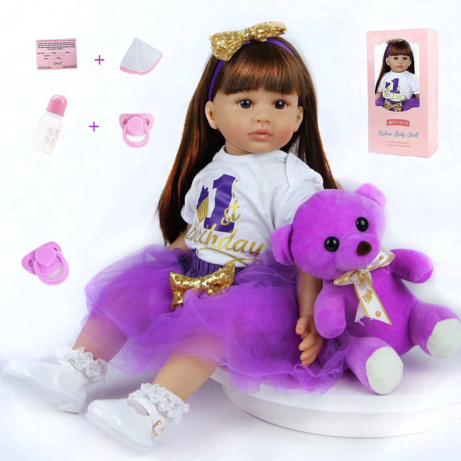 ZIYIUI Reborn 24 inch Realistic Baby Dolls - Vinyl Soft Silicone Newborns in Purple Dress - Boy and Girl Toys