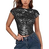 WDIRARA Women's Sequin Boat Neck Shirts Sparkle Glitter Backless Tee Cap Sleeve Crop Tops