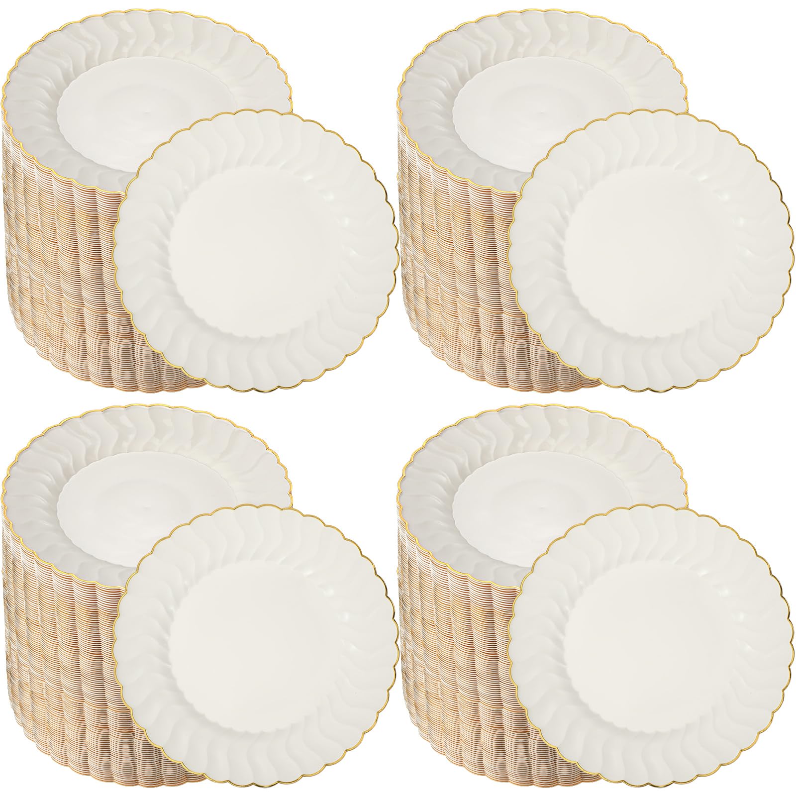 Photo 1 of Mifoci 7.5 Inch Ivory with Gold Rim Plastic Disposable Plates Bulk Salad Dessert Appetizer Cake Plates Elegant Fancy Plastic Tableware for Party Holiday, Wedding, Catering Table Decoration(100 Pcs)