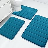 Buganda Memory Foam 3 Pieces Bathroom Rugs Set - Thick Soft Absorbent Non-Slip Bath Mats, Washable Small/Large/Contour Bath Rugs (24" x 16" + 30" x 20" + 24" x 20", Peacock Blue)