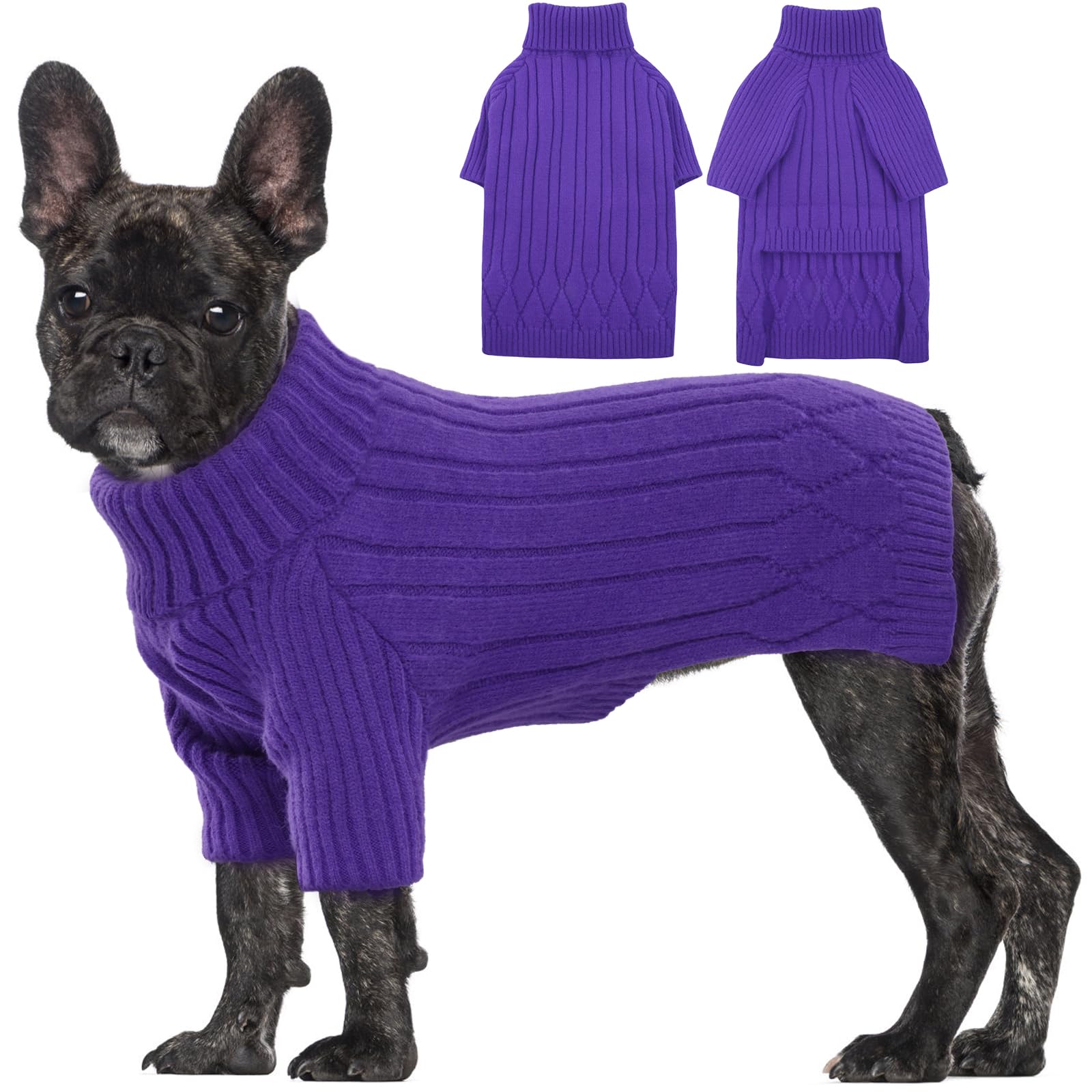 OUOBOB Dog Jumper for Large Dogs, Turtleneck Thick Warm Sweatshirt, Christmas Outfit, Pet Clothes for Girl Boy, Fall Knit Pitbulls (Purple L)