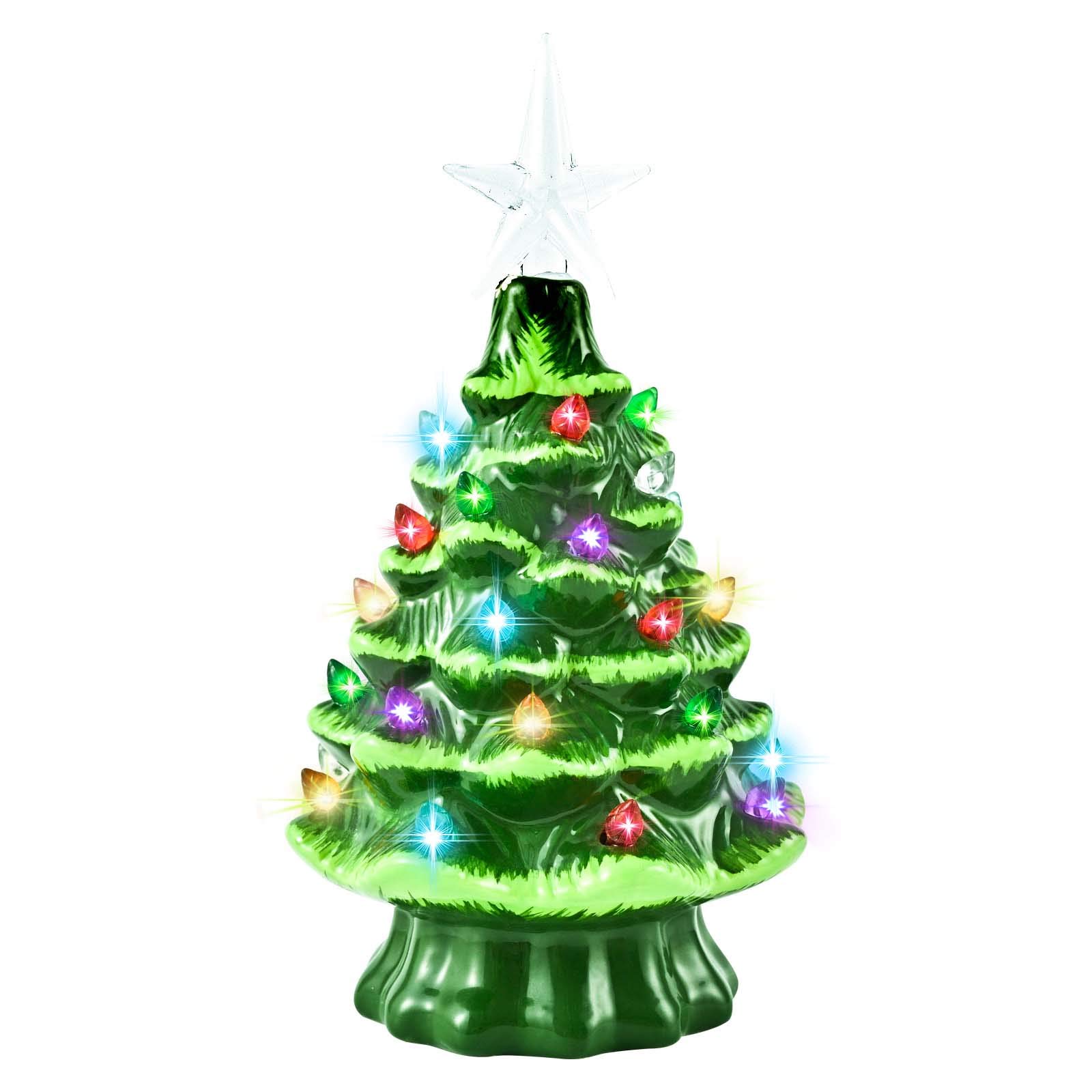 GIVERARE Ceramic Christmas Tree with Timer, 8” Pre-Lit Hand-Painted Tabletop Xmas Decor with 32 Multicolored Lights & Top Star, Centerpiece for Holiday, Party Supplies, Decoration, Ornaments-Green
