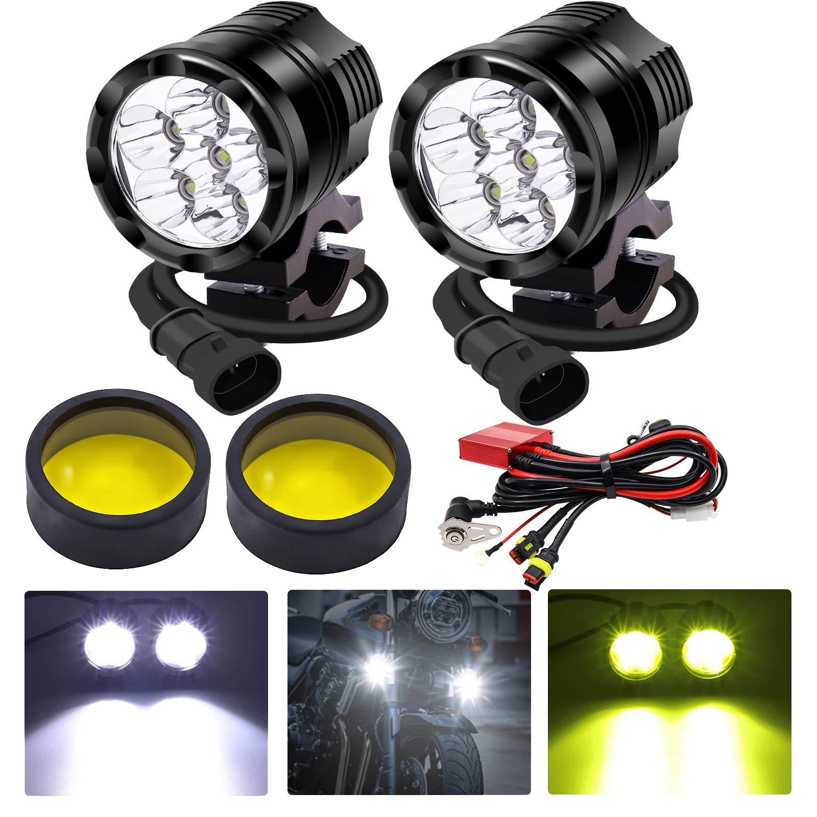 Biqing Motorbike Auxiliary Driving Fog Light Kit Amber/White, 12V 24V Motorcycle Spotlights Front Bumper Grille Spotlights LED Offroad Lights with Wiring Harness for Scooters Car Truck Boat