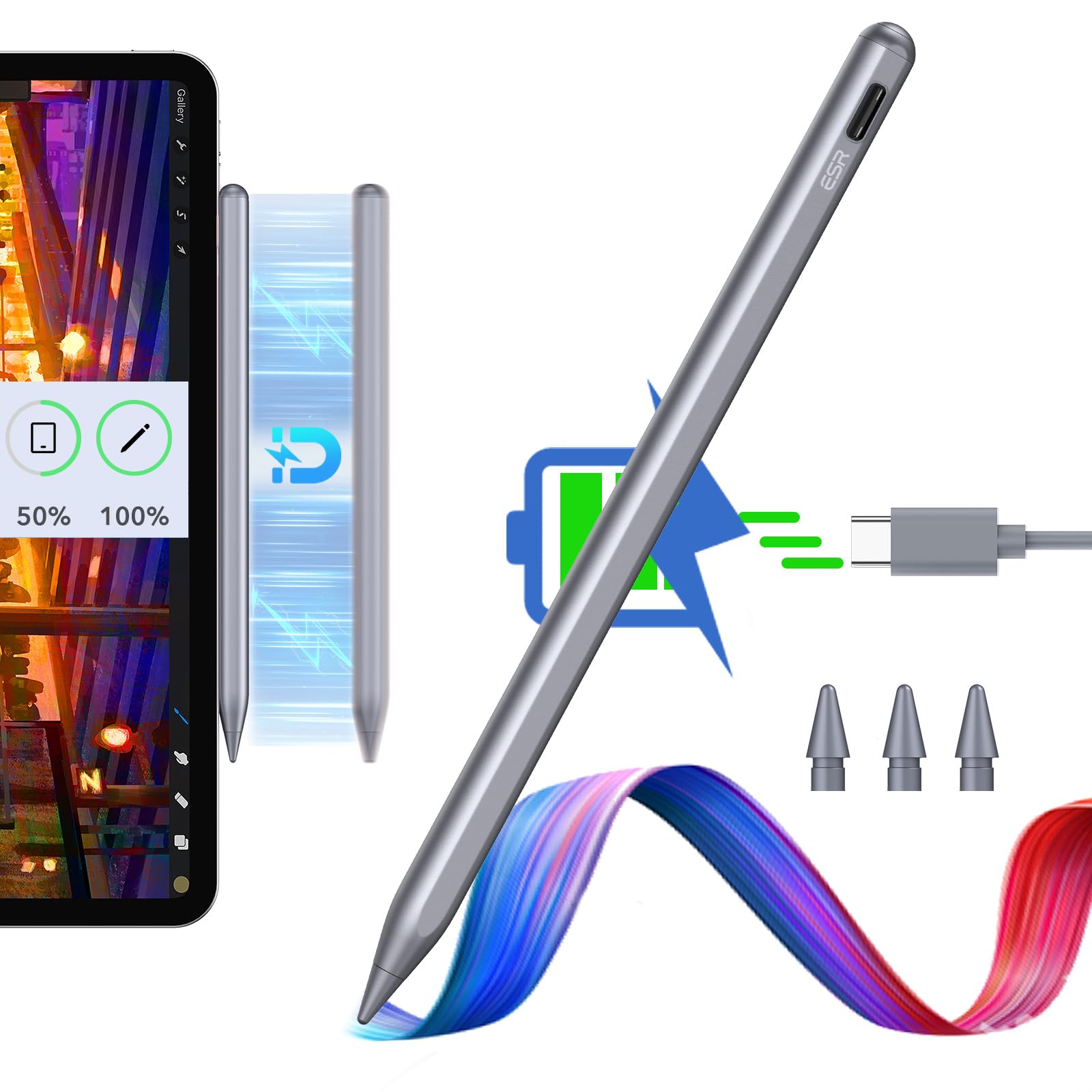 Photo 1 of ESR Stylus Pen for iPad, Magnetic Wireless Charging iPad Pencil, Digital Pencil Pro with Tilt Sensitivity and Palm Rejection for iPad Pro 12.9/11, iPad Air 5/4, and iPad Mini 6, Dark Silver