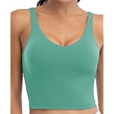 Oalka Sports Bra Womens Longline Padded Crop Yoga Tank Tops | Built in Bras, Workout, Athletic, Fitness, Super Soft, Comfort, Cropped Top, Removable Pads, Heart Neckline For Women