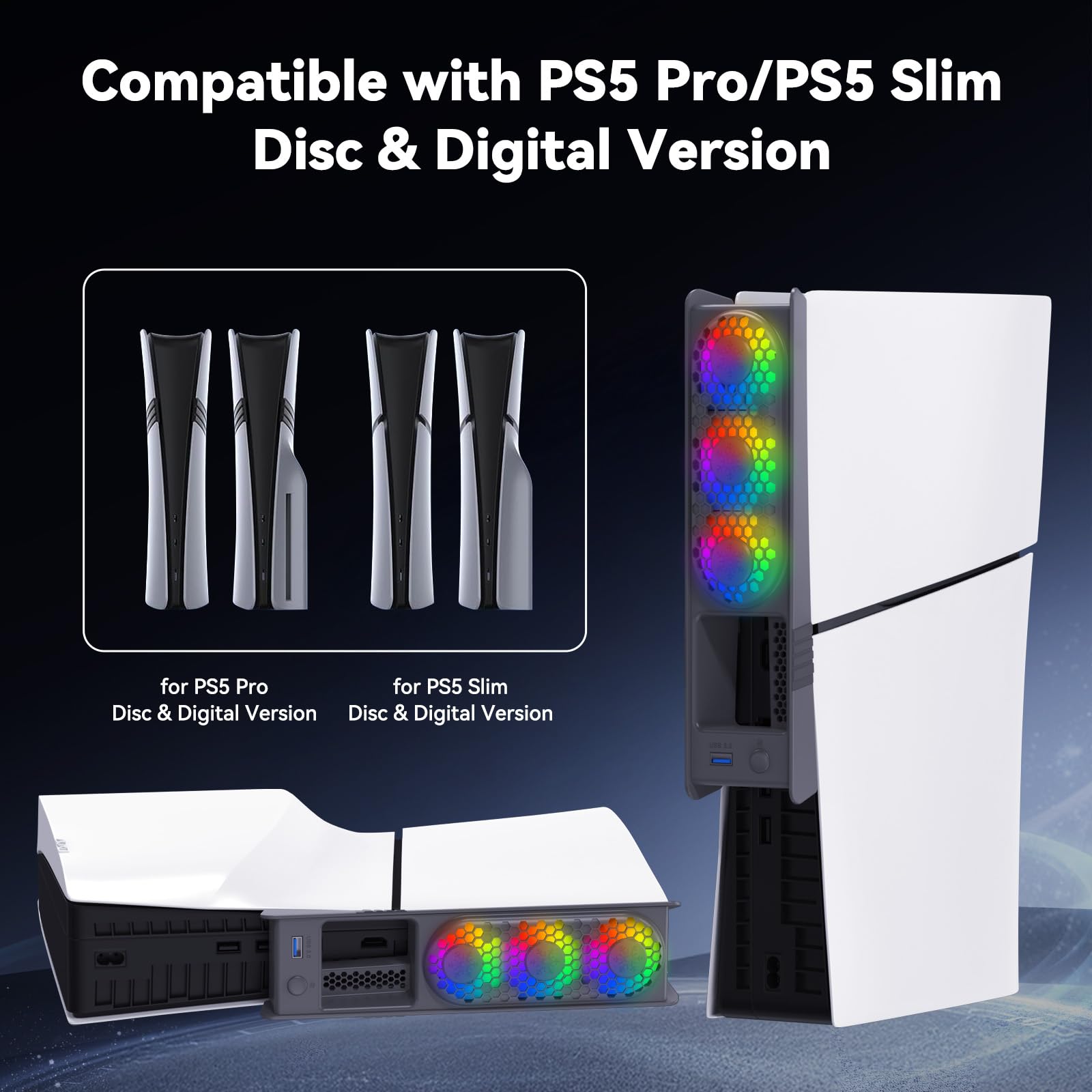 ELUTENG Kühlventilator für PS5 Slim / PS5 Pro, Leises Lüfter mit RGB-Licht & Automatischer Temperaturgesteuerte Geschwindigkeit, Lüfter Kühler mit USB 3.0 Port für Playstation 5 Pro / Slim Disc & Dig 2