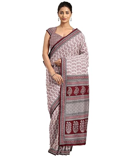 Pure Cotton Off White & Maroon Handblock printed Saree and Blouse MRBASA0019