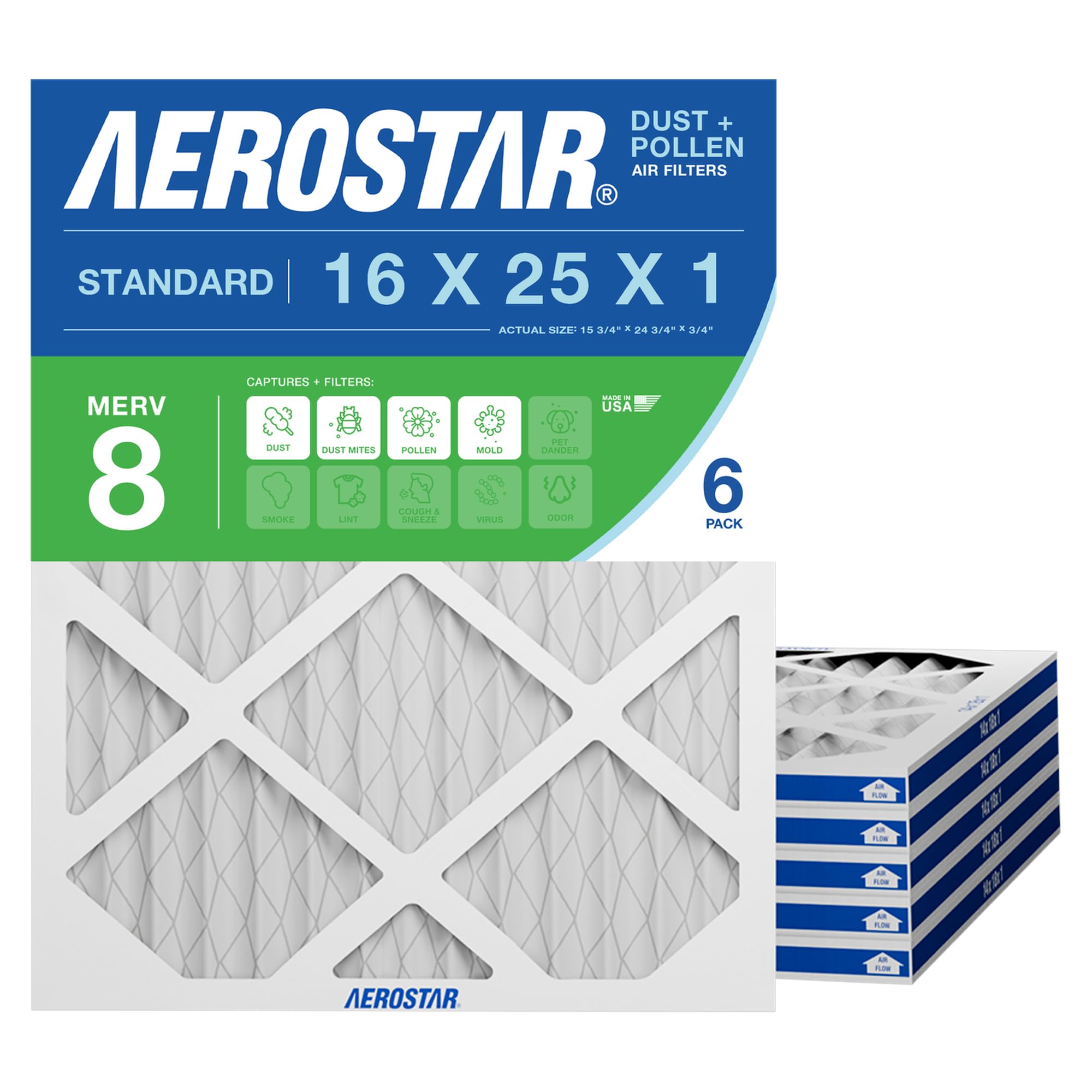 Aerostar Air Filter 16x25x1 MERV 8 AC Filter, HVAC, Furnace Filter, 6 Pack