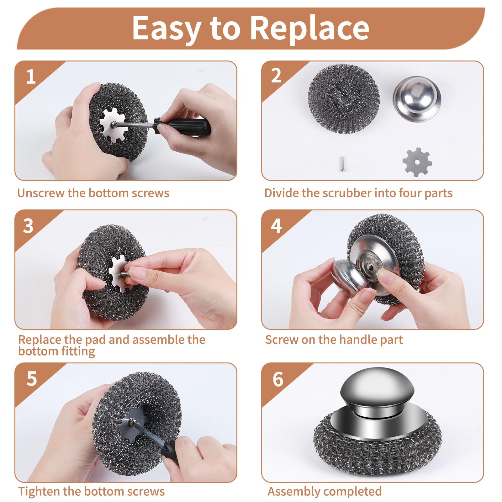 4pcs Steel Wool Scrubber with Replacement Wire Sponge Pads Set, Stainless Steel Scrubber with Handle for Scouring Stubborn Messes from Cast Iron, Pots, Pans, Grill, Stoves, Sink(2 Scrubber+2 Pads)