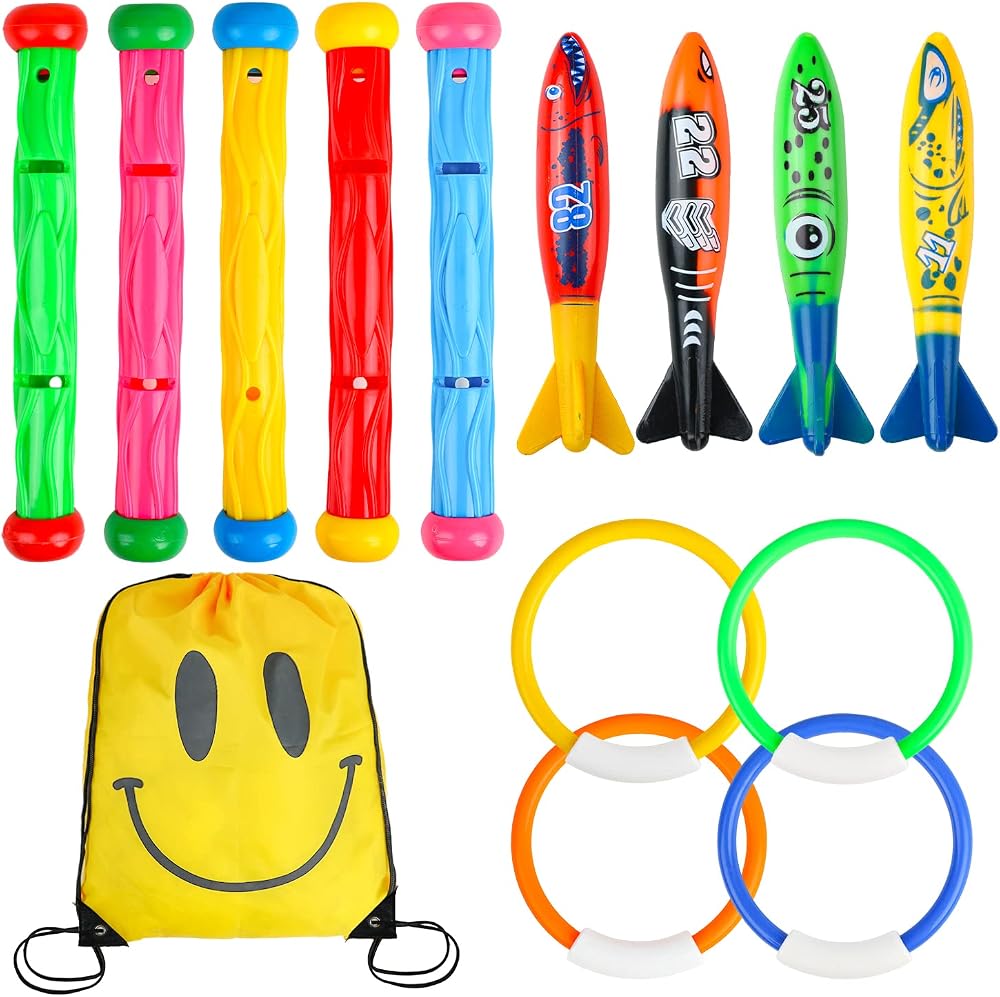 SULOLI Diving Pool Toys Set 5 Dive Sticks 4 Toypedo Bandits 4 Rings Kids