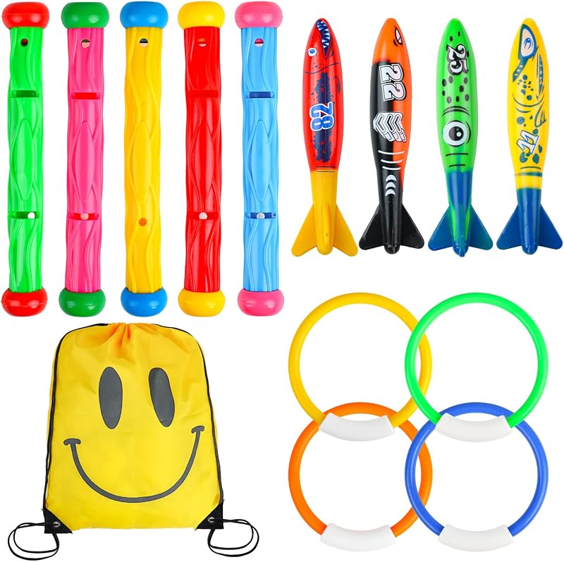 SULOLI Diving Pool Toys Set 5 Dive Sticks 4 Toypedo Bandits 4 Rings Kids
