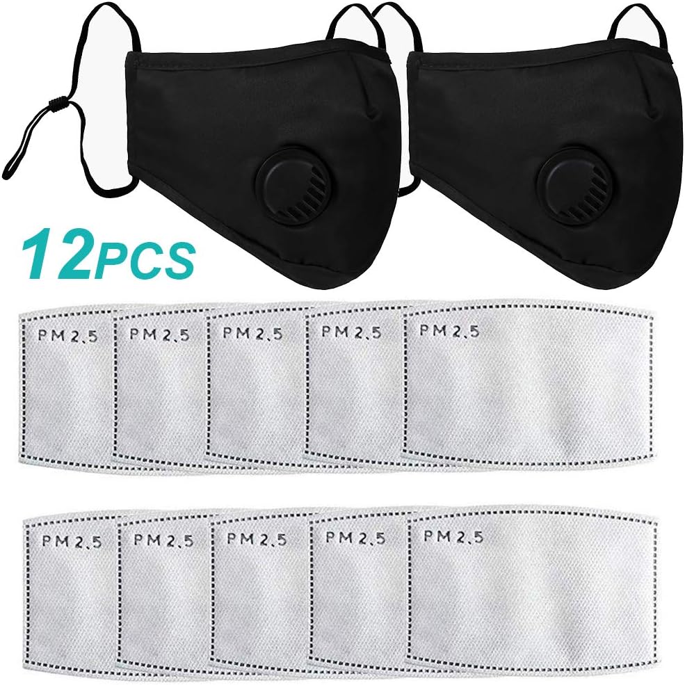 Landuoer 10PCS PM2.5 Activated Carbon Filter Replaceable Anti Haze Filter Paper for Mask, 2PCS Black Face Mask for Cycling Running Riding Sport Travel Work School Shopping Daily Life