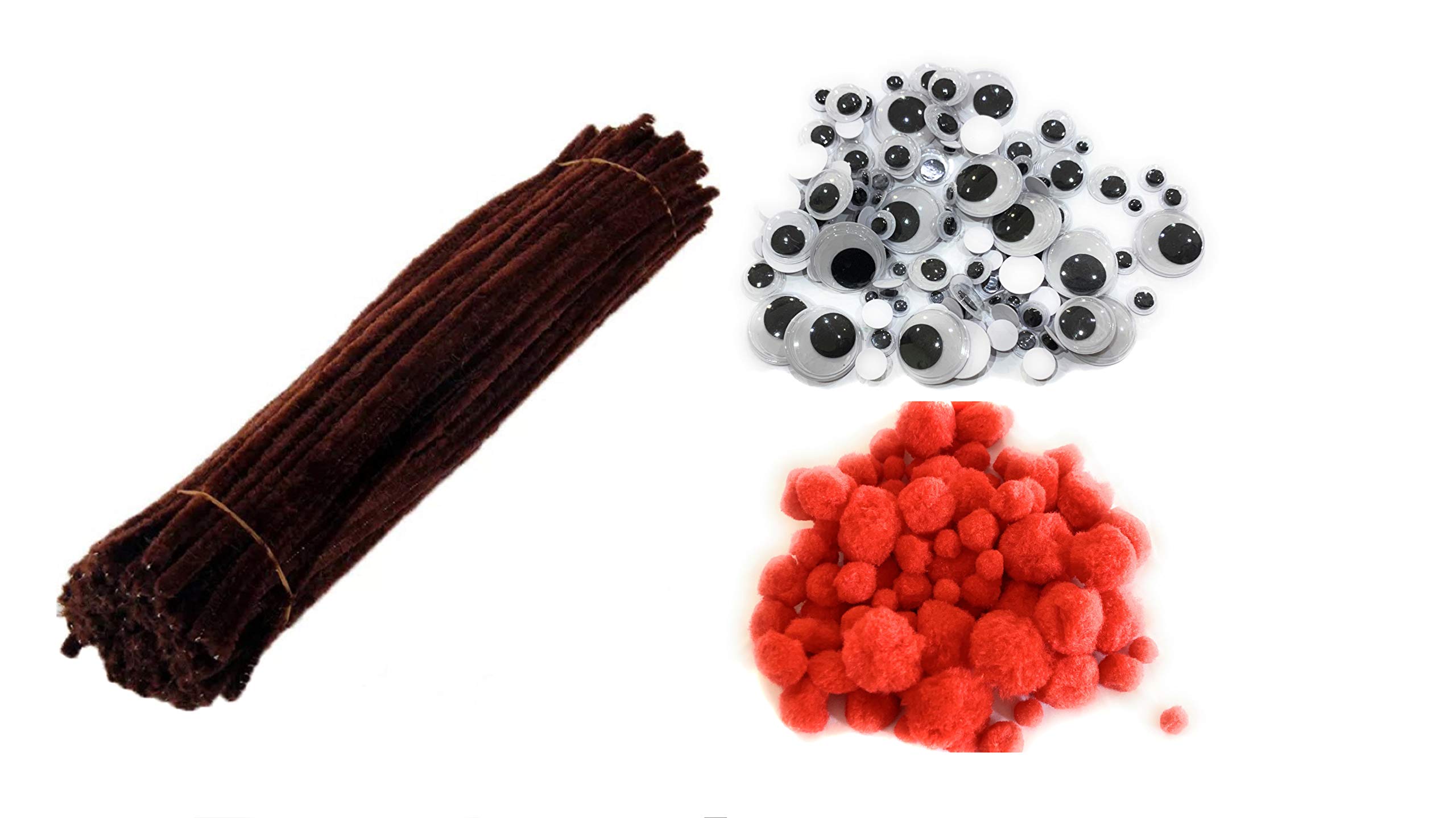 300 PCS Brown Pipe Cleaners Chenille Stems Fluffy Red Pom Poms and Googly Eyes Pack Christmas Rudolph Making Set