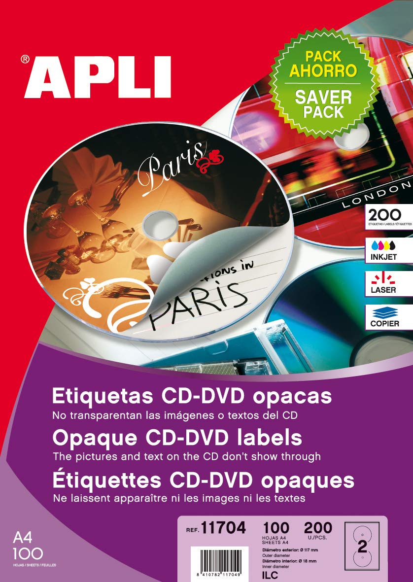 Apli - 200 Pack Classic CD/DVD Labels Full Cover 117/18