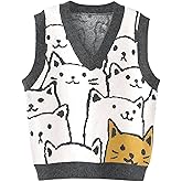 Gihuo Womens Cat Sweater Vest V Neck Y2k Graphic Knitted Vests Pullover Sleeveless Knitwear Cute Tunic Knit Top