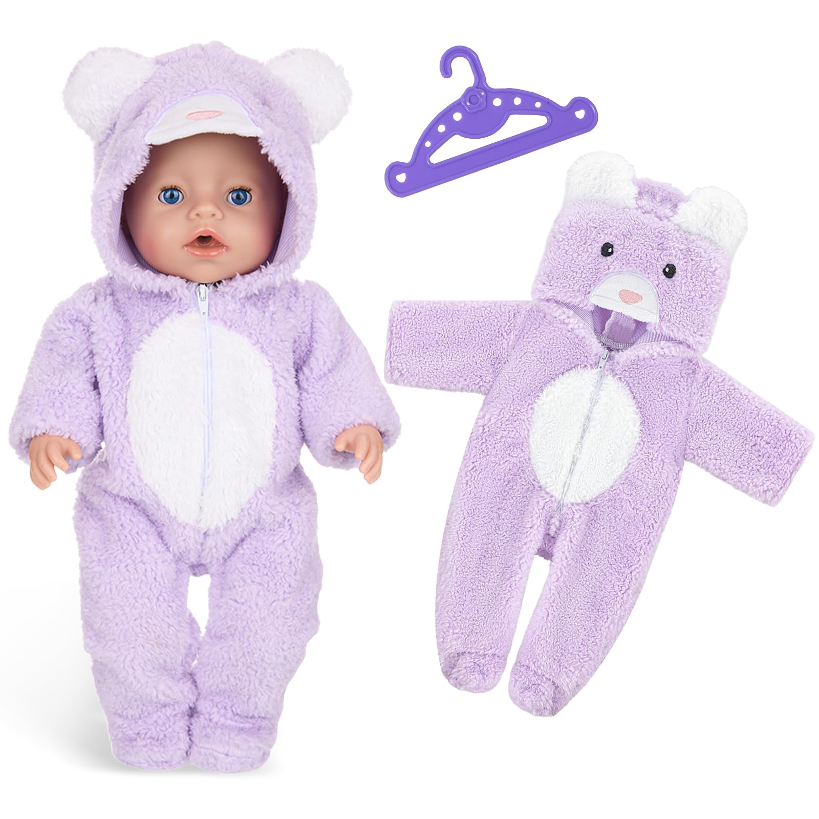 Doll Clothes for Baby Dolls 35-43 cm, 1 Purple Bear Romper, 1 Purple Hanger, Cute Animal Elements Doll Clothes Set for Children, Girls and Boys