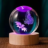 QIANRUNA 3D Butterfly 60mm Crystal Ball Butterfly Figurine Night Light Lamp Gifts for Women Wife Girlfriend Couple Her
