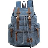 HuaChen Vintage Canvas Travel Backpack with Leather Trim, Laptop Padded Sleeve, Hidden Back Security Pocket, Fits 14-Inch, M32 Blue