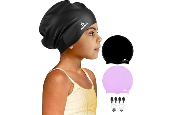 Reymand 2 Pack Kids Extra Large Swimming Cap for Long Thick Hair, Waterproof Silicone Swimming Hat for Toddler Child Youth Gi