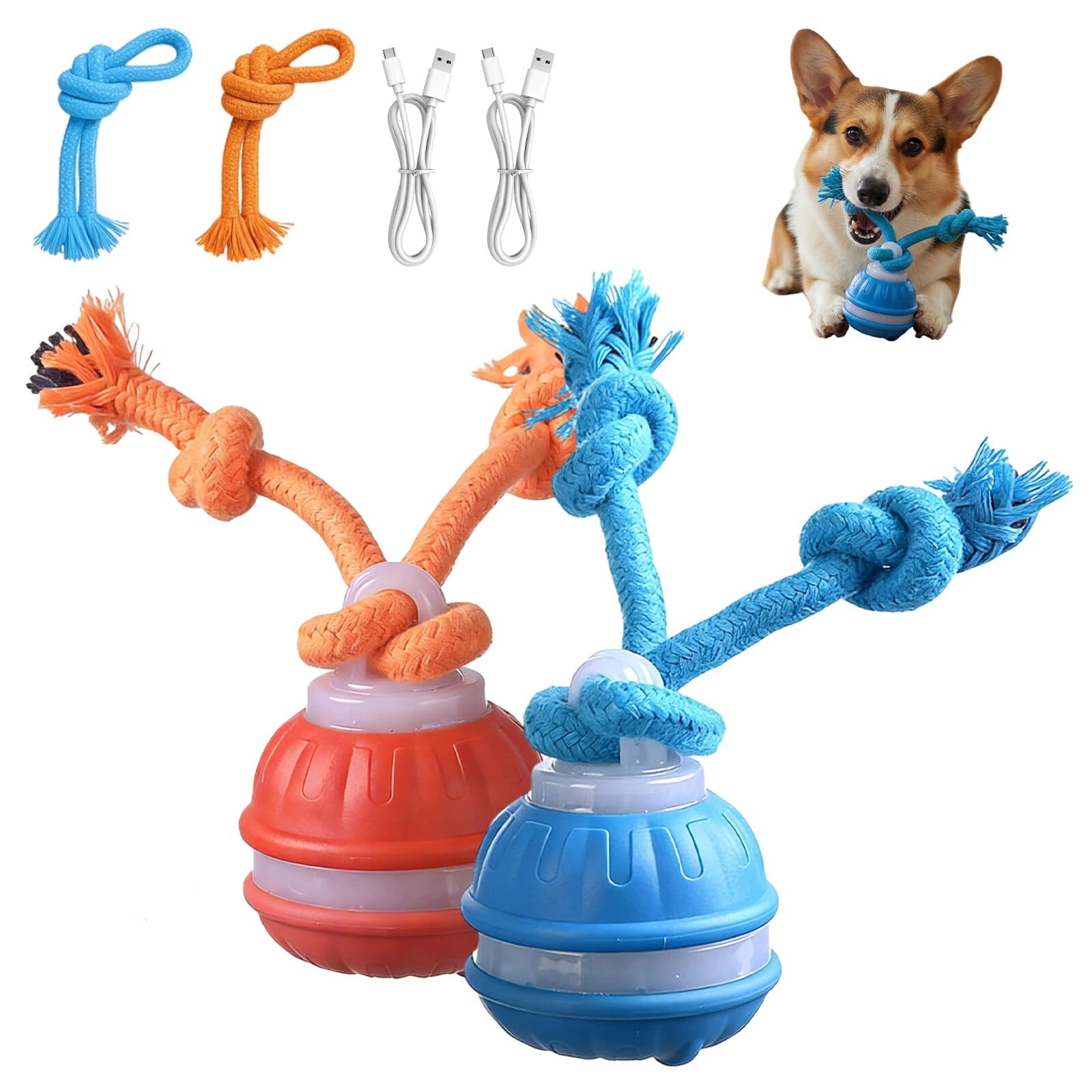 Photo 1 of 2pcs P06 Interactive Dog Toy,Interactive Dog Toys,360° Smart Automatic Rolling Moving,Electric Automatic Moving and Rolling Dog Toy with Rope for Small Medium Dogs for Bored Pet Cats Dogs(Blue+Orange)