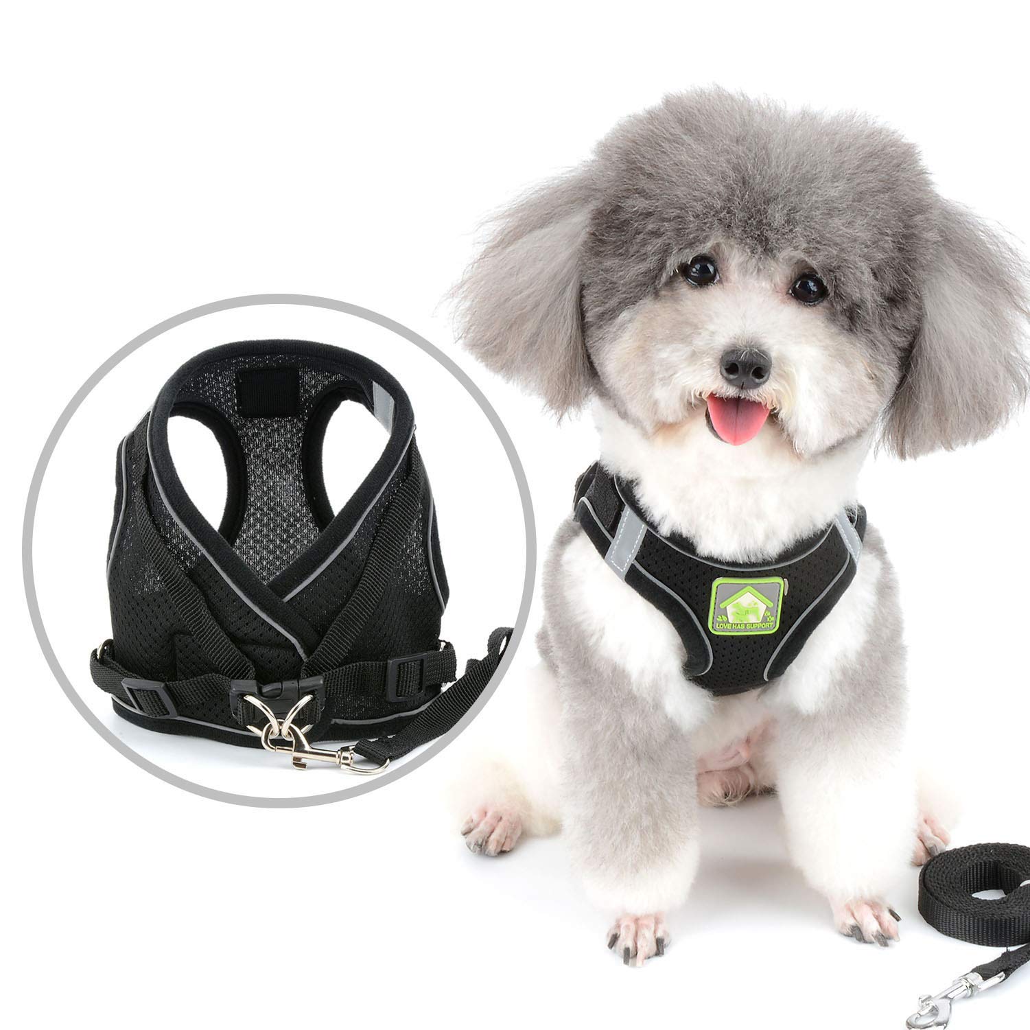 Zunea Small Dog Harness and Lead Set No Pull Puppy Vest Harnesses Adjustable Reflective Soft Mesh Step-in Pet Cat Harness Escape Proof for Walking, Bright Colors for Dogs Black S