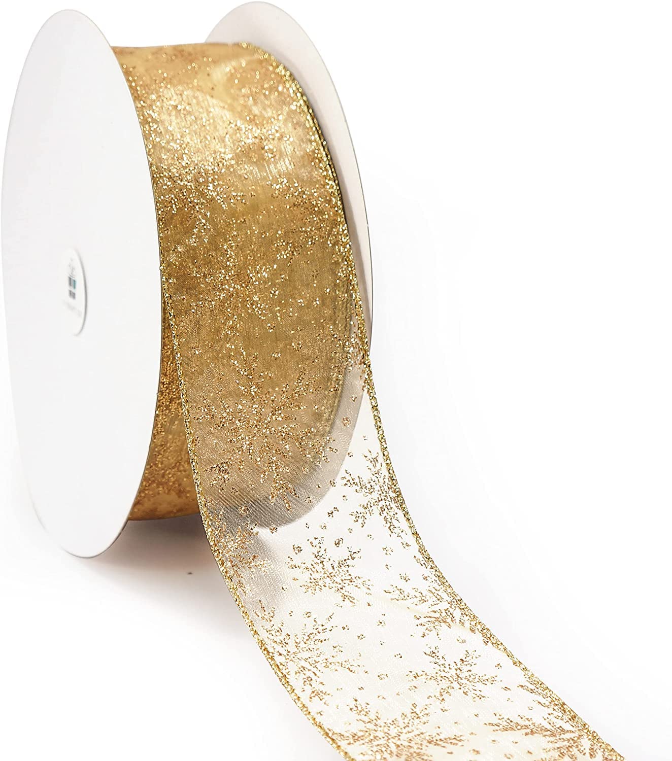 LATERN 20M Organza Ribbon, 6.3cm Width Snowflake Wired Sheer Glitter Ribbon Shimmer Band Metallic Ribbons Craft Tulle Ribbon for Gift Wrapping Xmas Tree DIY Wreath Christmas Bow Decoration (Gold)