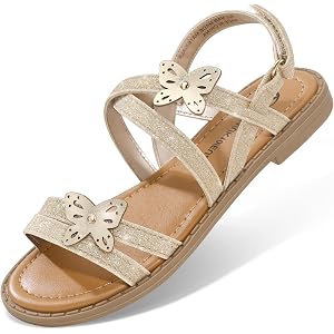 Bigwow Girl Sandals Open Toe Flat Summer Dress Shoes | Glitter Butterfly, For Toddler Little Big Kid