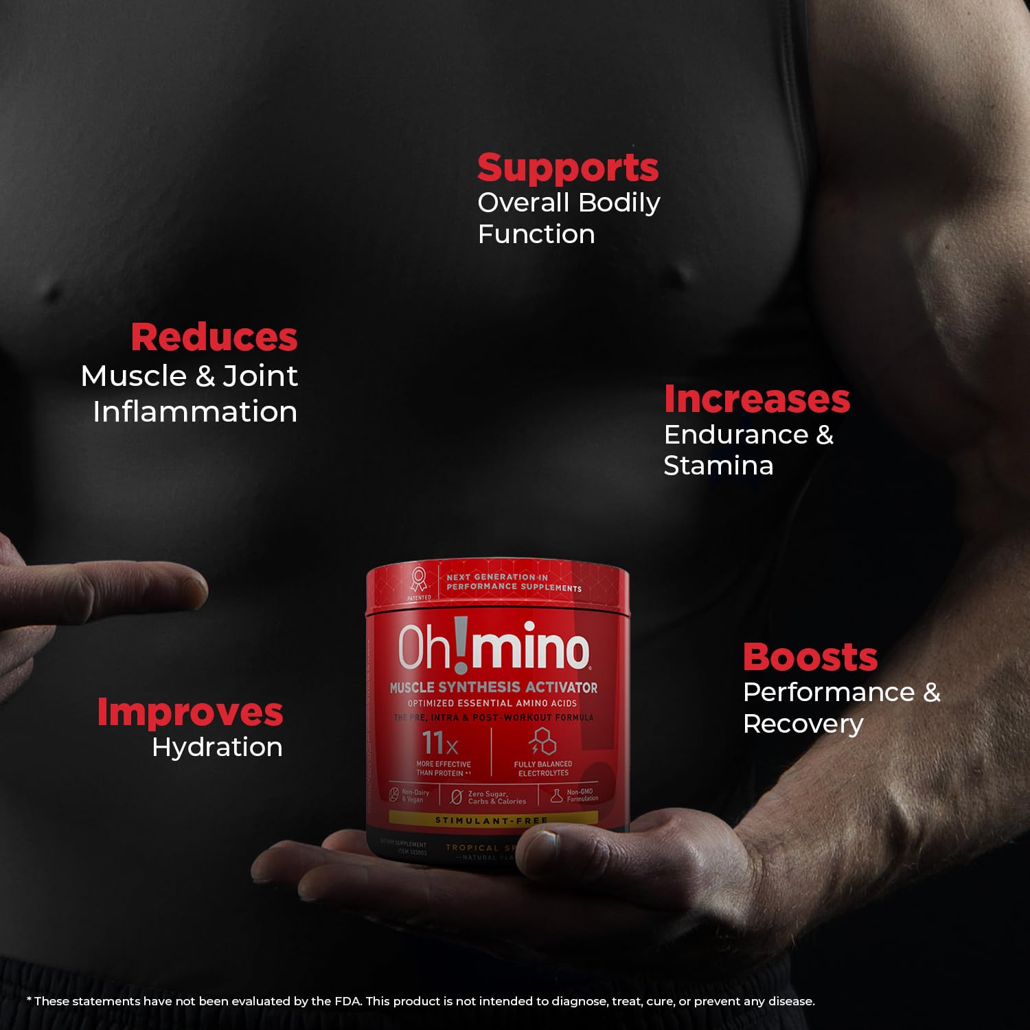 Oh!mino Essential Amino Acids Supplement. Tropical Splash, Stimulant-Free Powder. All 9 EAAs, BCAAs and The Perfect Amino for Workouts, Amino Energy, and to Build Muscle, and Recover Faster.