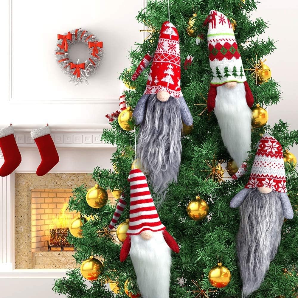 22 inches Gnome Christmas Ornaments Set of 4, Large Handmade Swedish Tomte Xmas Plush Gnomes Christmas Decorations, Scandinavian Santa Elf Tree Ornaments, Hanging Christmas Tree Decorations Home Decor
