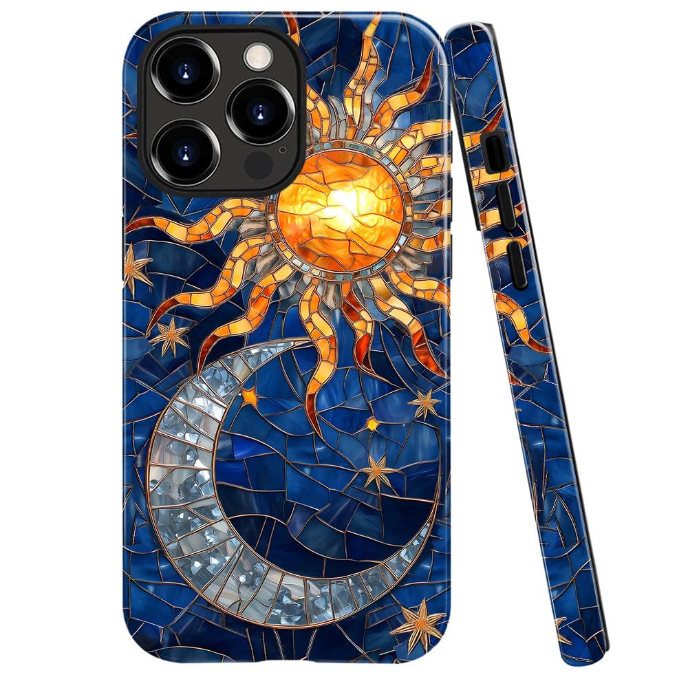 Photo 1 of Case for iPhone 15 Pro,Fits Glossy Case Design for Girl Women,Celestial Stained Glass Sun Moon Star Blue