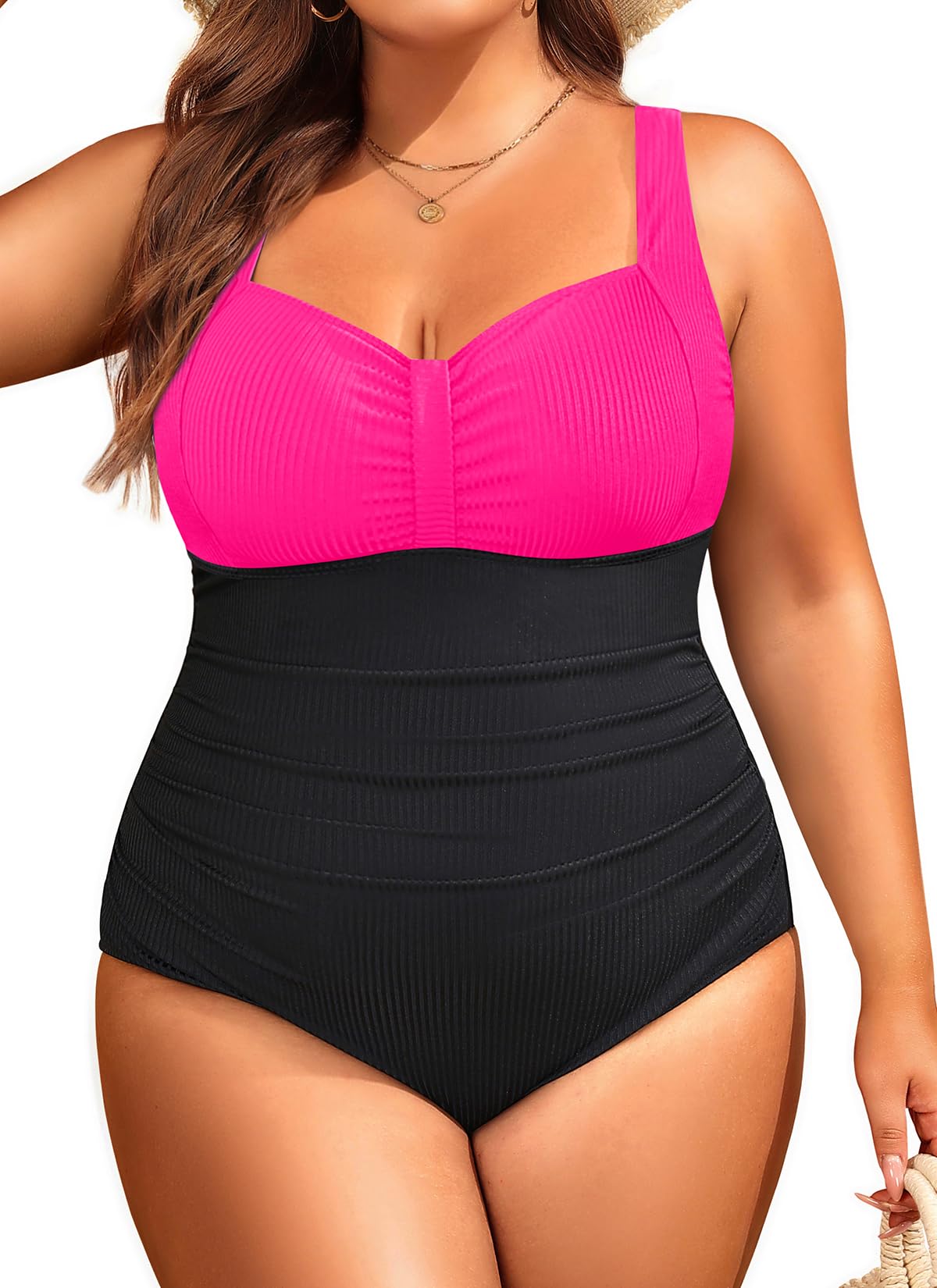 Photo 1 of Aqua Eve Plus Size One Piece Swimsuit for Women Tummy Control Bathing Suit Ribbed Swimwear Hot Pink 22W