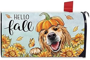 FBCOO Hello Fall Golden Retriever Dog Mailbox Cover Magnetic Standard Size 21" x 19", Autumn Sunflower Puppy Decorative Post Letter Box Decor, Thanksgiving Farmhouse Garden Yard Outdoor Decoration