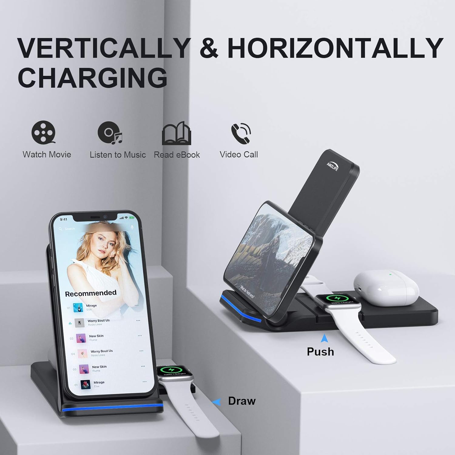 Wireless Charger Foldable Wireless Charging Station 15W 3 in 1 Qi Certified Fast Charger Stand for Apple Watch iPhone AirPods Samsung Galaxy Cell Phone with QC 3.0 Adapter: Electronics