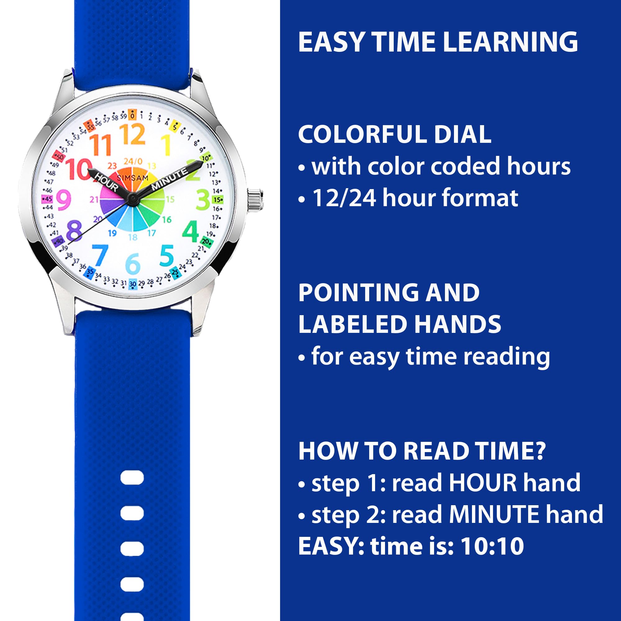 SIMSAM Kids Analog Watch, Learning Watch for Kids 8-12, Waterproof Time Teacher Watches for Boys Ages 5-7 6-8, Easy to Read Educational Girls Watches Ages 8-12, Great Gift Boys Girls Year 4-12 Old Waterproof