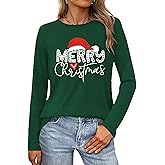 Merry Christmas Shirts for Women Funny T-Shirts for Women Crew Neck Xmas Long Sleeve Multiple Graphic Tee Tops
