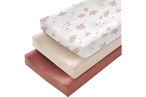 NACOMOCO 3 Pack Muslin Changing Pad Cover for Baby Girls Boys - Ultra Soft Changing Table Cover Diaper Changing Pad Sheets, 100% Cotton(Ginkgo, Beige, Brick Red)